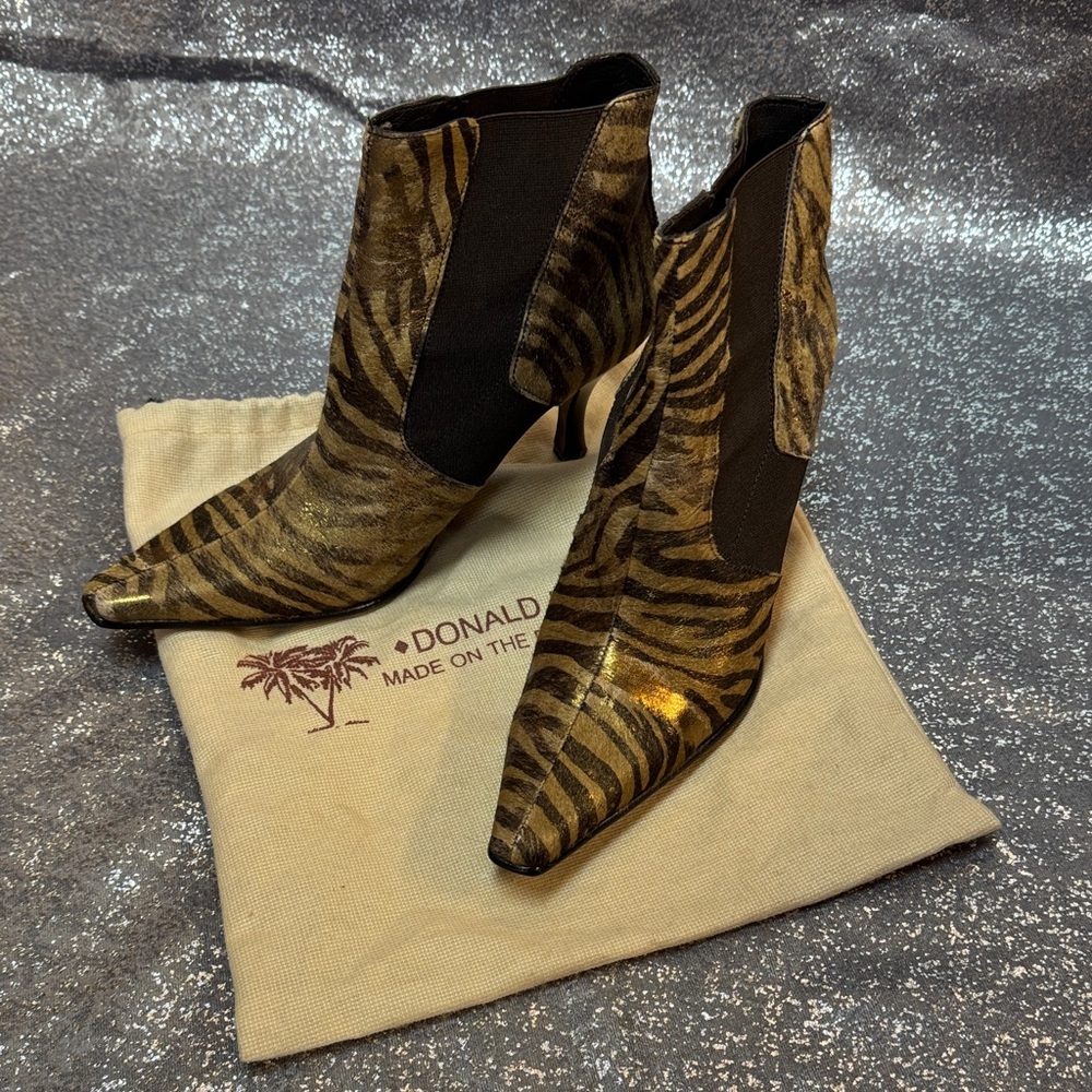 Donald J. Pliner Metallic Gold Zebra-Print Pointed Ankle Boots